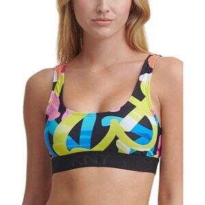 DKNY Removable Cups Bikini Top Scoop Neck Printed Swimwear Womens Black SZ Large